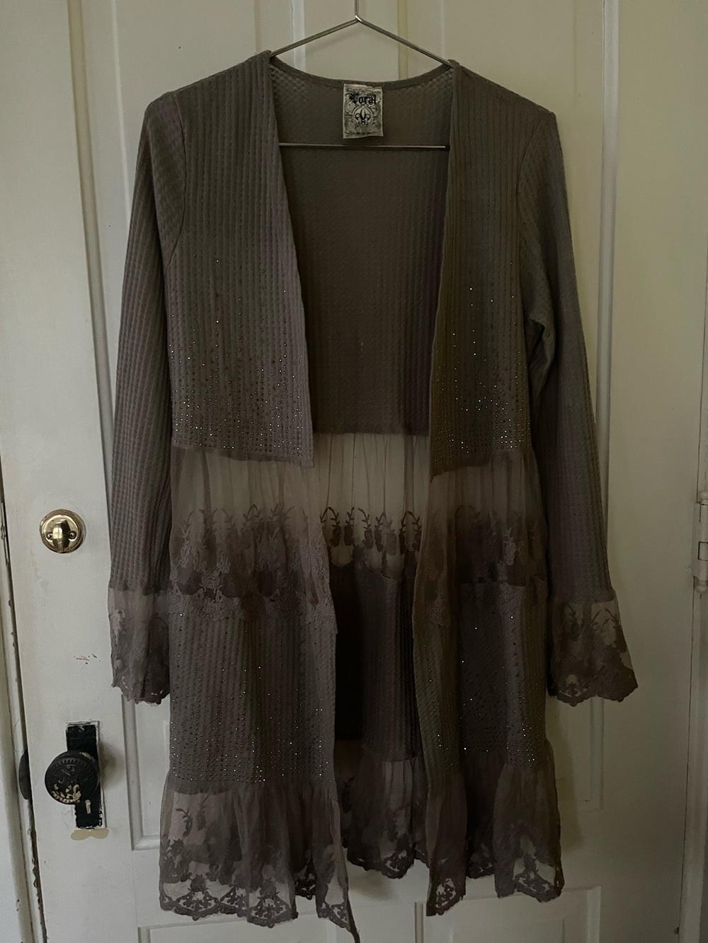 Vocal Taupe Lace-Trim Open Cardigan
